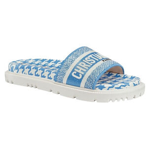 Christian Dior Dway Blue White Logo Houndstooth Slide Mule Flat Flop Sandal 37.5